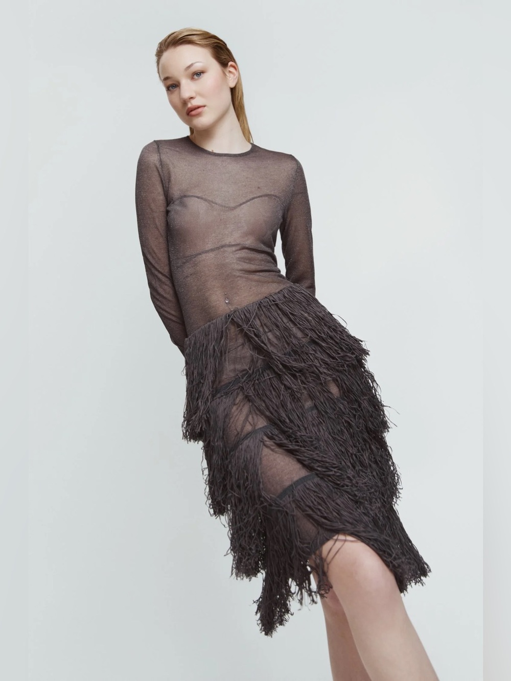 Zara Metallic Knt Sheer Long-Sleeve Fringe Midi Dress